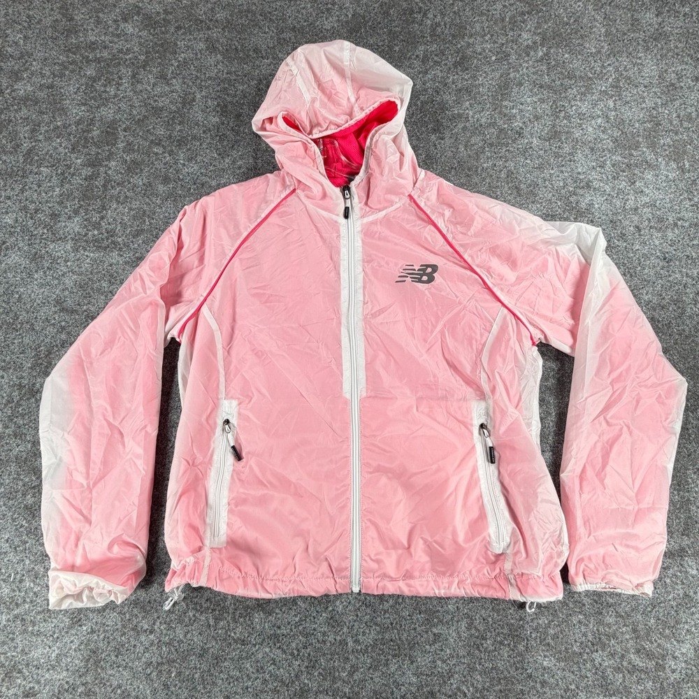 New Balance Rain Jacket Womens L Pink Stretch Drawcord Hem Wind Resistant Hooded